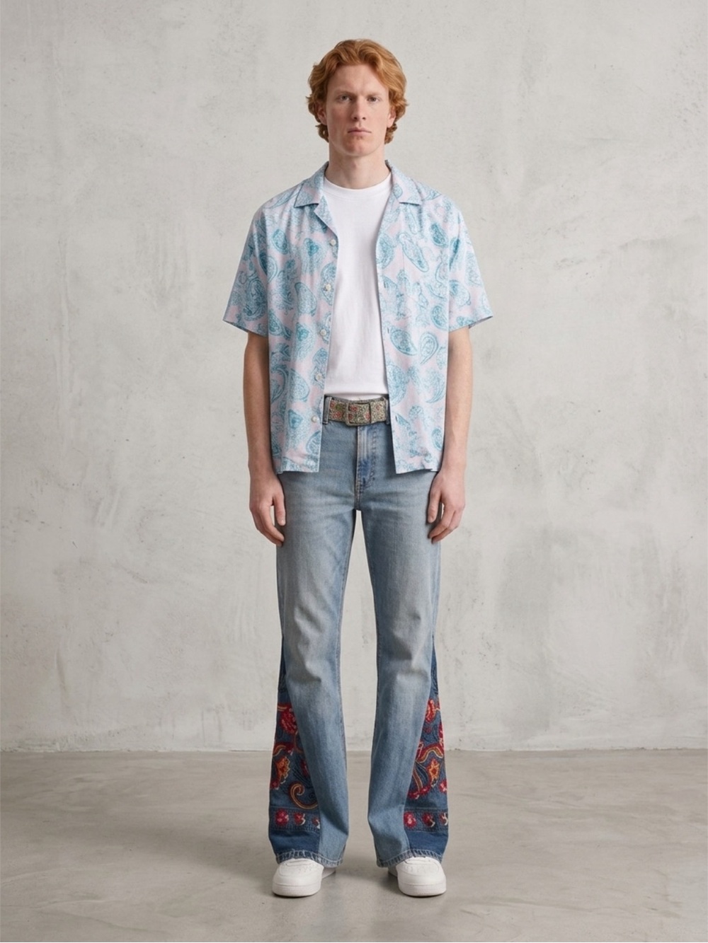 Light Blue Paisley Bootcut Jeans with Embroidered Panel